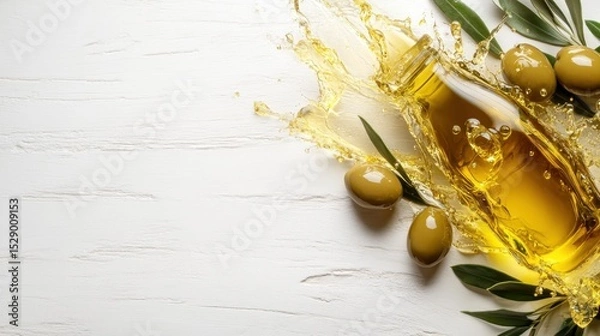 Fototapeta A beautiful glass bottle of golden olive oil is elegantly splashing with fresh olives and leaves beside it, evoking freshness and culinary richness on a rustic wooden table.