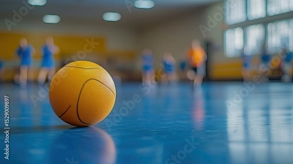 Fototapeta Close-Up Dodgeball on Gymnasium Floor, Blurred Background Shows Players in Action 