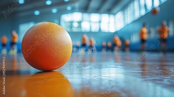 Fototapeta Close-Up Dodgeball on Gymnasium Floor, Blurred Background Shows Players in Action 