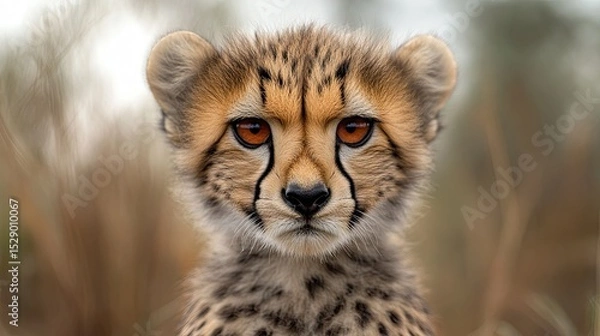 Fototapeta Close-up headshot of a young cheetah cub with striking eyes. 
