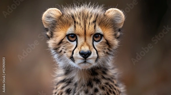 Fototapeta Close-up headshot of a young cheetah cub with striking eyes. 