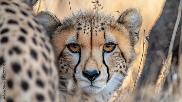 Fototapeta Close-up of a cheetah peeking around another cheetahâ€™s tail