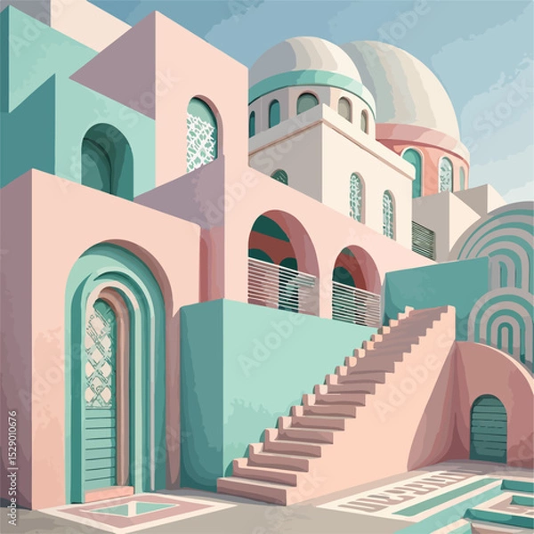 Fototapeta  Abstract Architectural Rendering Pastel Colors Geometric Shapes
