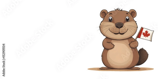 Fototapeta friendly cartoon beaver holds a Canadian flag, smiling. This image is perfect for websites and blogs related to Canada, Canadian culture, holidays, travel, education, and children's content.

