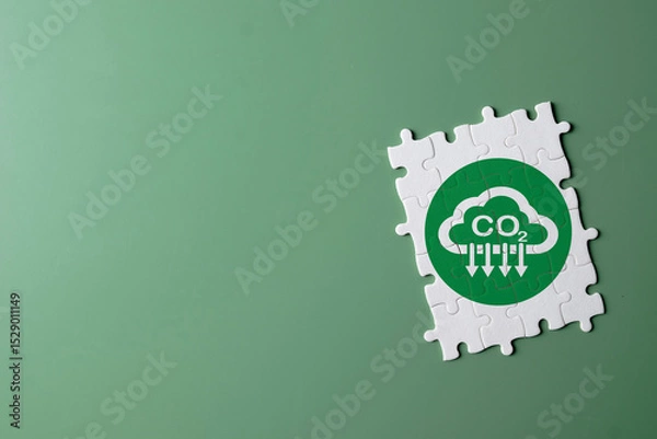 Obraz Concept for climate action,carbon emission reduction,net-zero,ESG,carbon footprint,Eco-friendl.,White puzzle with reduce co2 carbon icon on green background idea for business,industrial,enviromental.