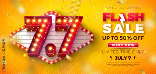 Fototapeta 7 July Shopping Day Flash Sale Design with 3d 7.7 Number, Light Bulb Billboard and Typography Lettering on Yellow Background. Vector Summer Special Offer 50 Percent Off Campaign Discount Illustration