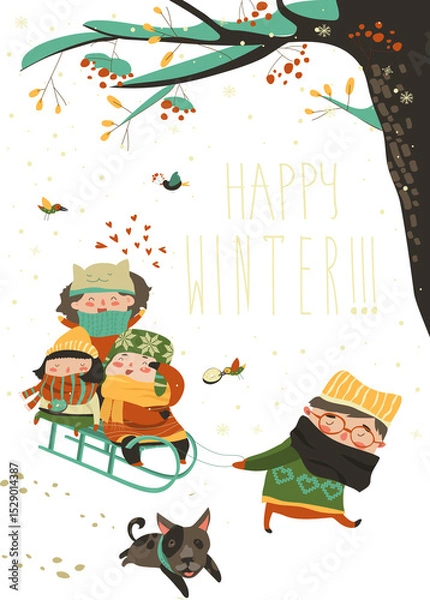 Fototapeta Funny children sledding down the hills. Vector Christmas greeting card