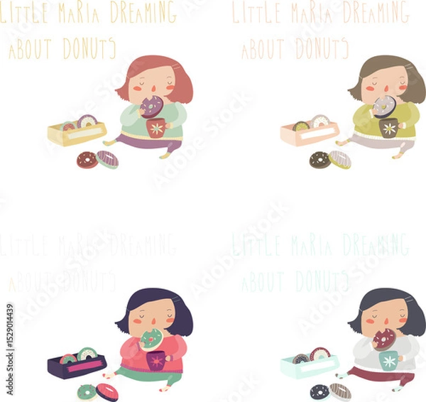 Fototapeta Cute girl enjoying a cup of hot tea and donut. Vector illustration set