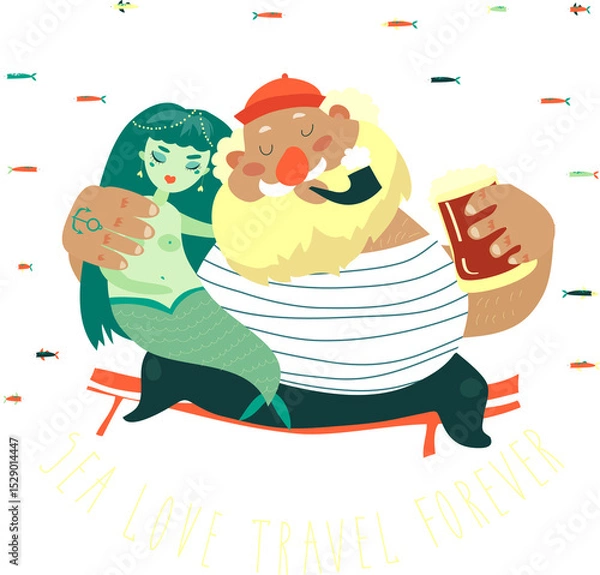 Fototapeta Funny old sailor with cute mermaid. Vector illustration