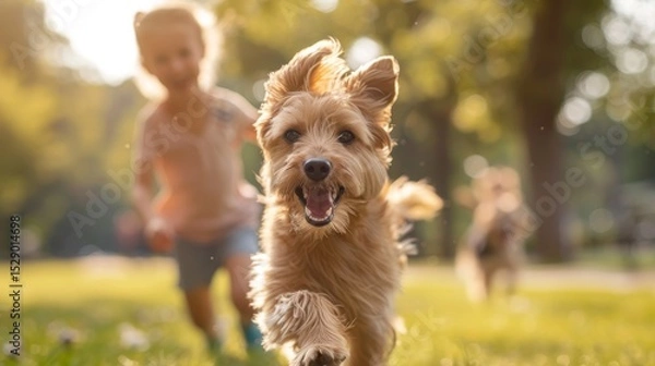 Fototapeta A joyful dog dashes through a sunlit park, accompanied by a child, capturing the essence of carefree outdoor play and the bond between pets and children.