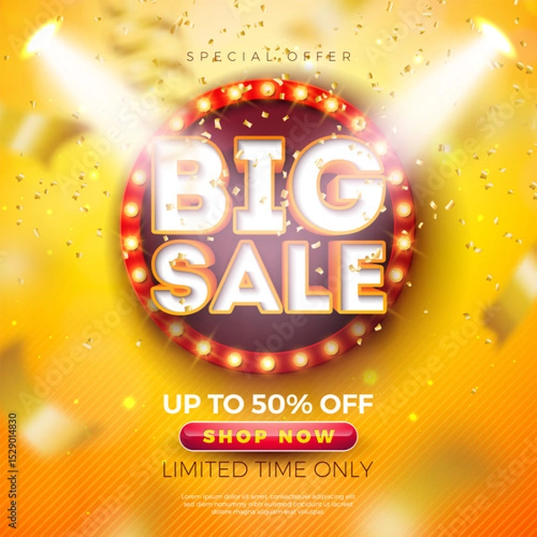Fototapeta Shopping Day Big Sale Banner Design with Light Bulb Billboard and 3d Text Label on Yellow Falling Confetti Background. Vector Special Offer Campaign Discount Illustration for Coupon, Voucher, Banner