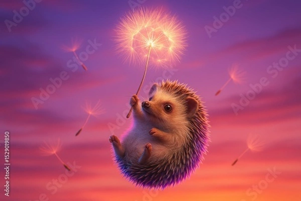 Obraz A magical hedgehog flying with a glowing dandelion at sunset, creating a fantasy atmosphere with vibrant purple and orange hues.