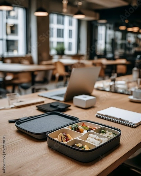 Fototapeta Lunchbox filled with colorful food items on a wooden table in a modern office environment