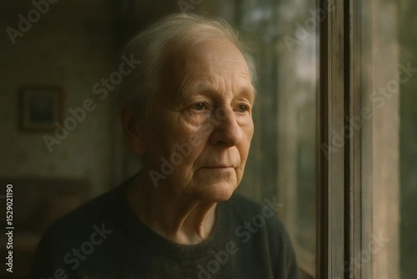 Obraz An elderly man looks pensively out a window, bathed in soft natural light, capturing a moment of quiet contemplation.
