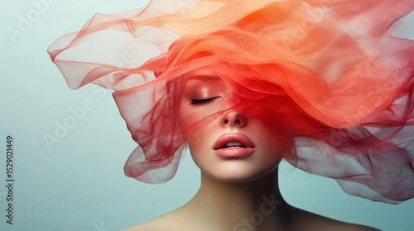 Fototapeta A captivating portrait of a woman partially obscured by flowing fabric, creating an ethereal vibe, highlighting grace, femininity, and artistic expression in photography.