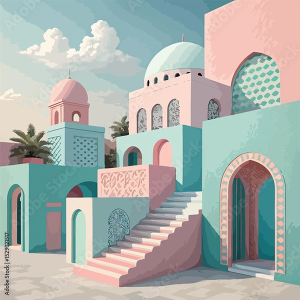 Fototapeta  Abstract Architectural Rendering Pastel Colors Geometric Shapes
