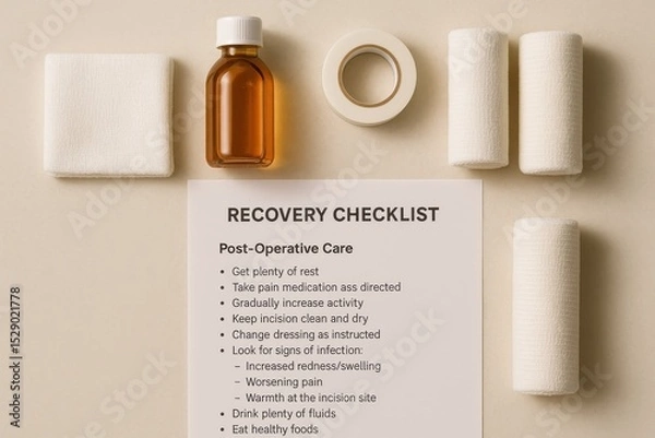 Obraz Recovery checklist with antiseptic supplies, bandages, tapes, and gauze showing essential items for post-surgery wound management.