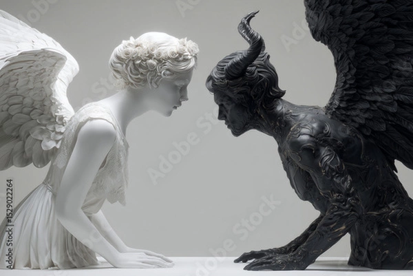 Fototapeta Two figures of an angel and a demon opposite each other, white and black. The confrontation of good and evil