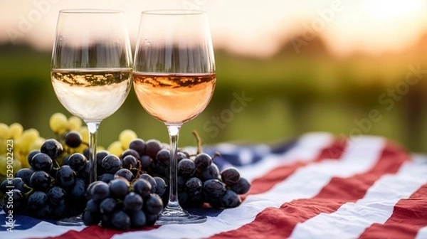 Fototapeta Celebratory Independence Day Gathering two glasses of wine beside fresh grapes set on an American flag blanket capturing the spirit of a joyful Fourth of July picnic. A patriotic july