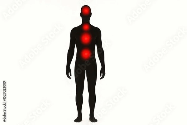 Obraz A dark silhouette of a human figure highlights red pain points, representing physical or emotional stress located in the head and torso.