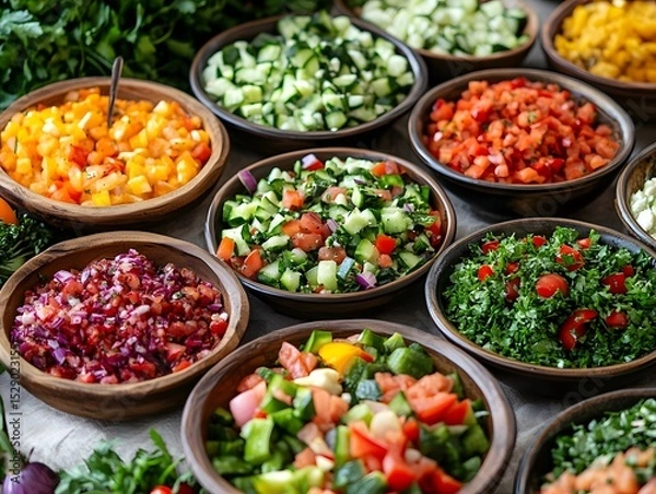 Fototapeta Fresh Colorful Vegetable Salad Bowls Arranged on Table Surface