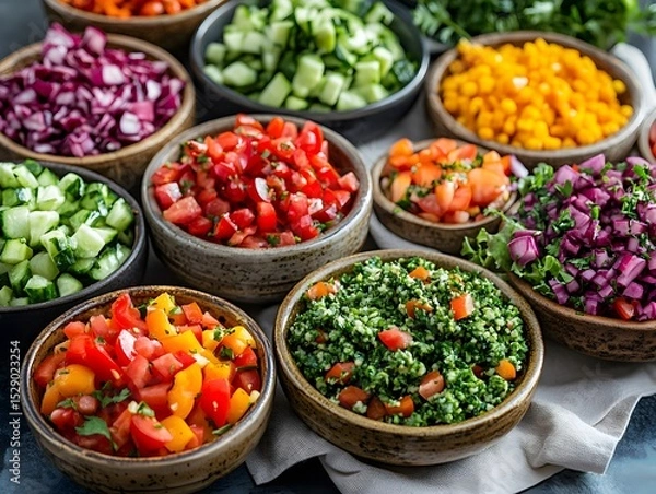 Fototapeta Colorful Fresh Vegetables in Bowls for Healthy Cooking and Salads