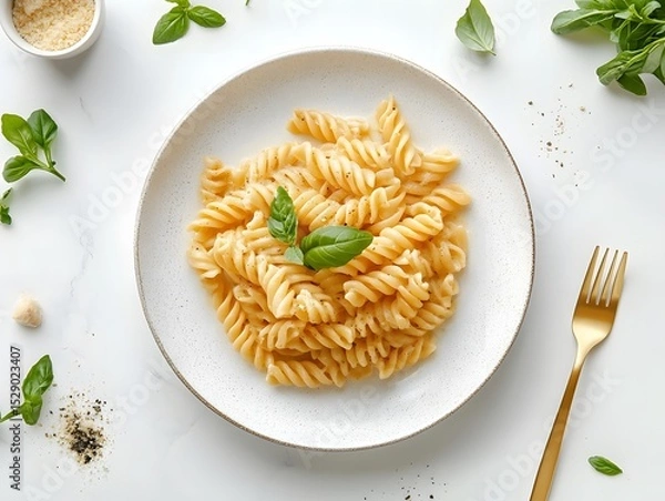 Fototapeta Creamy Fusilli Pasta with Fresh Basil and Elegant Gold Fork