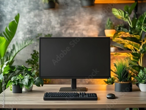Fototapeta Modern Workspace with Computer and Indoor Plants in Cozy Environment