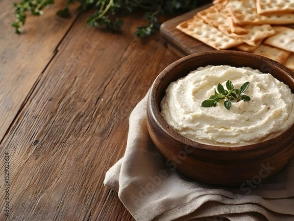 Fototapeta Creamy Dip with Crackers and Fresh Herbs on Rustic Wooden Table