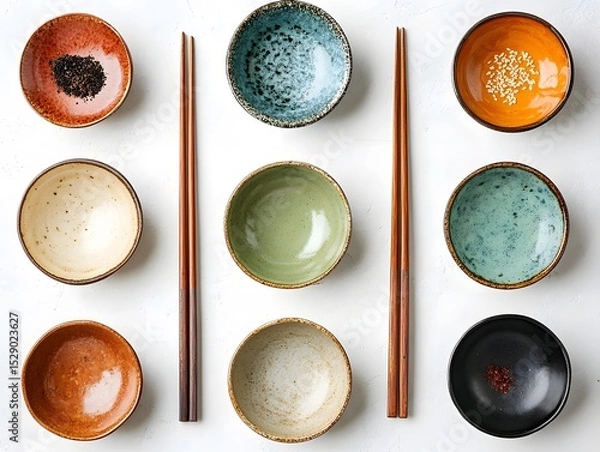 Fototapeta Colorful Ceramic Bowls With Chopsticks for Culinary Presentation