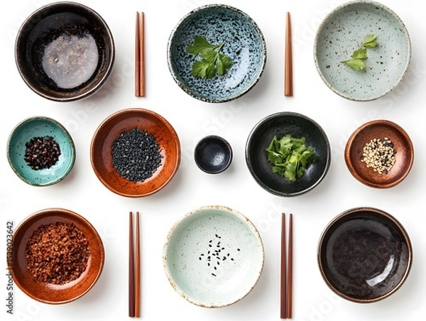 Fototapeta Aesthetic Arrangement of Colorful Bowls and Ingredients on White Surface