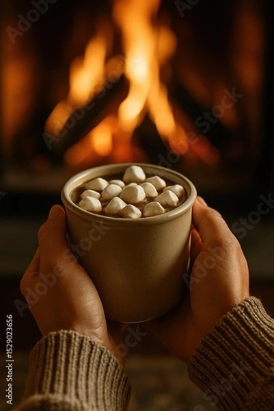 Obraz Hands hold a cup of hot chocolate with marshmallows in front of a cozy fireplace, evoking warmth, comfort, and winter nostalgia.