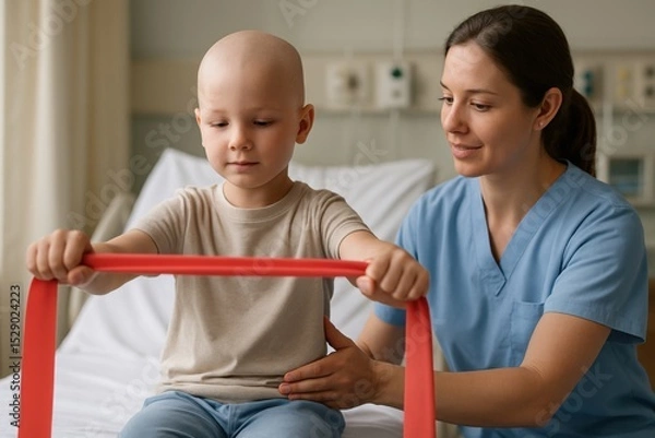 Obraz A nurse assists a young cancer patient with physical therapy using a red resistance band in a hospital room environment.