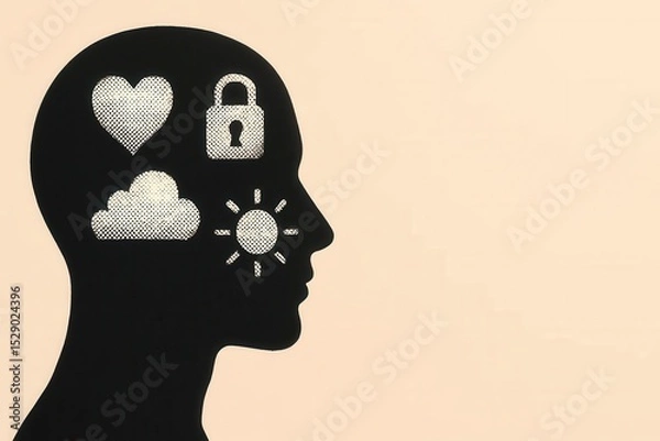Obraz A conceptual image shows a human head silhouette with symbolic icons representing emotional well-being, security, and positive mental health.