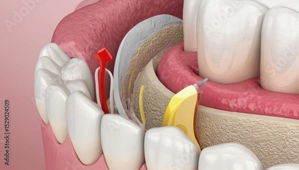 Obraz Dental anatomy cross-section highlights nerve pathways, gums, and tool contact, demonstrating endodontic or periodontal procedures in progress.