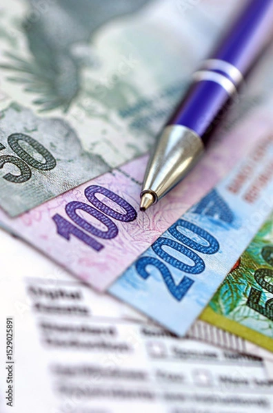 Fototapeta Argentine pesos money bills in big amount lies on table with pen and tax forms close up