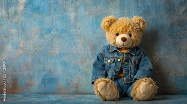 Obraz Cute teddy bear in denim jacket and jeans sits against a blue background.