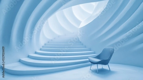 Obraz Abstract blue architectural interior with stairs and chair.