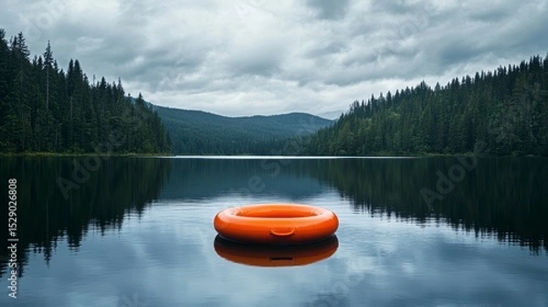 Obraz Orange life ring floats on calm lake water, reflecting dark evergreen forest and cloudy sky.