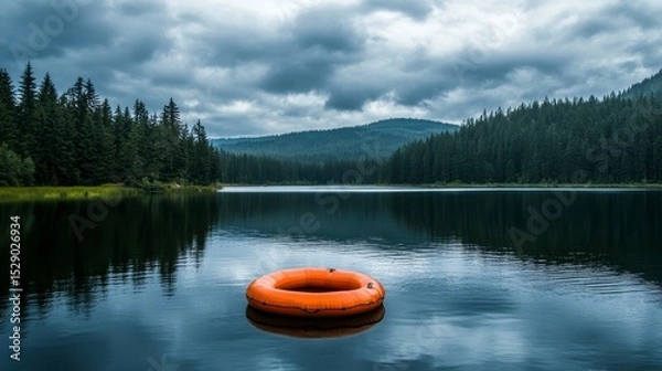 Obraz Calm lake scene with an orange life ring floating on tranquil water, surrounded by lush green forest and moody sky.
