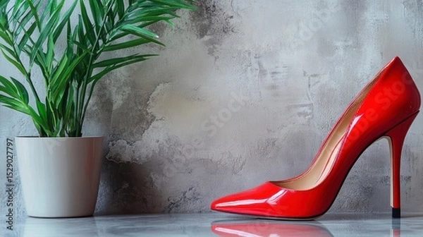 Obraz Red high-heeled shoe with plant pot on grey background.