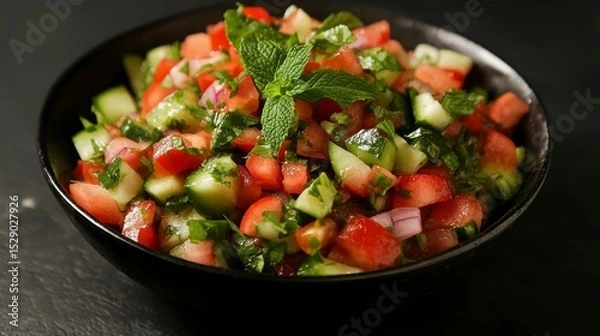 Obraz Fresh tomato, cucumber, and red onion salad with mint in a black bowl.