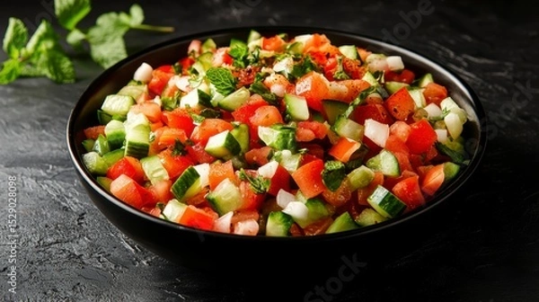 Obraz Fresh diced tomato, cucumber, and onion salad in a black bowl.