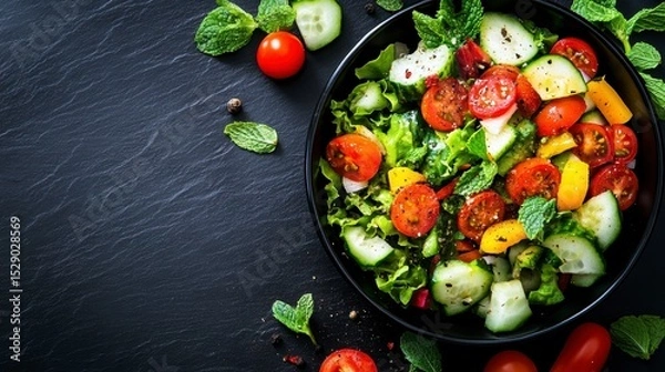 Obraz Fresh vegetable salad in black bowl with cherry tomatoes, cucumbers, lettuce, and mint on dark background.