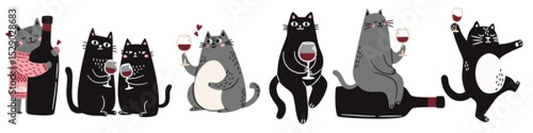 Obraz Cute Scandinavian style cats with a glass and a bottle of wine, singing and taking a bath. Flat vector illustrations on white background . Vector illustration