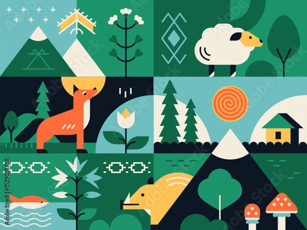 Fototapeta Flora and fauna - flat design style illustration