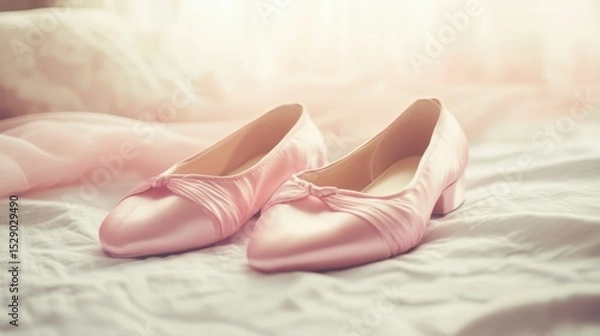 Obraz Pair of pink satin women's shoes on a bed.