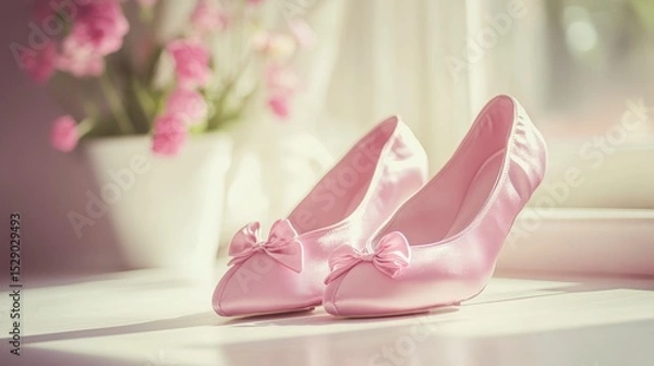 Obraz Pair of pink satin bridal shoes with bows sits on a windowsill.