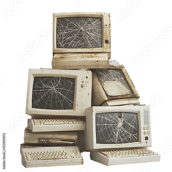 Fototapeta A pile of old broken computers isolated on transparent background