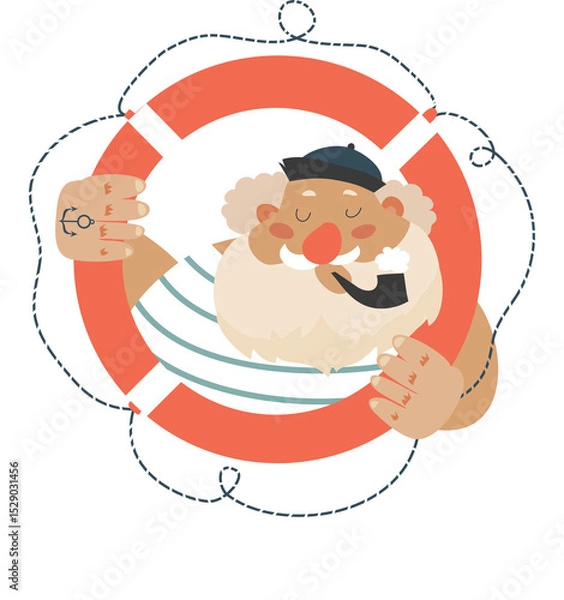 Fototapeta Portrait of bearded sailor with tobacco pipe. Bearded boat captain smoking pipe. Vector illustration